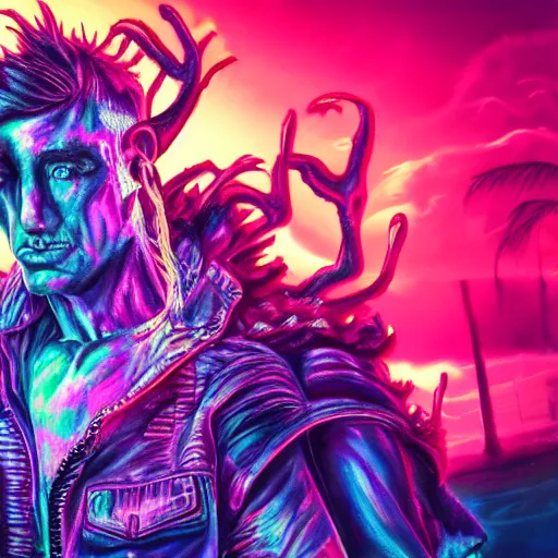 Image similar to a realistic detailed portrait photo of a monster, synthwave