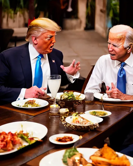 Image similar to Trump and Biden having dinner at a fancy Balinese restaurant, award winning photography, 85mm, perfect faces