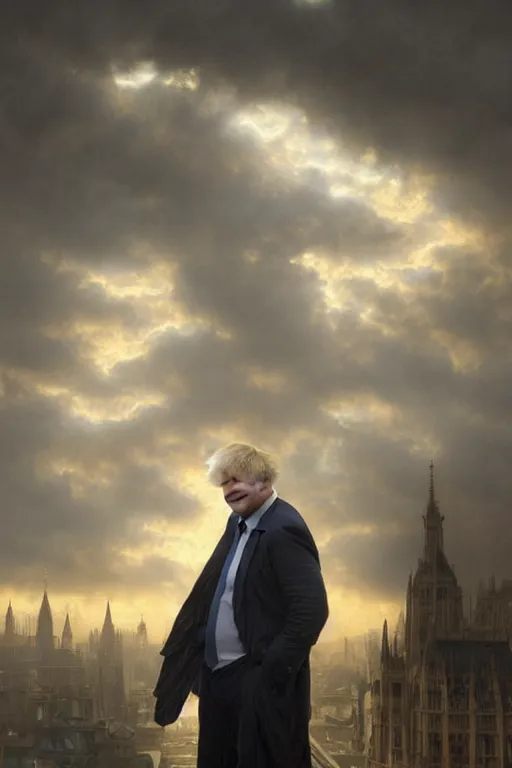 Image similar to a distant shot of Boris Johnson as Punsiher, masculine figure, bright hopeful atmosphere, volumetric lights, beam of bright light through the clouds, intricate, elegant, highly detailed, extremely detailed, digital painting, artstation, concept art, matte, smooth, sharp focus, hyper realistic, illustration, art by Artgerm and Greg Rutkowski and Alphonse Mucha