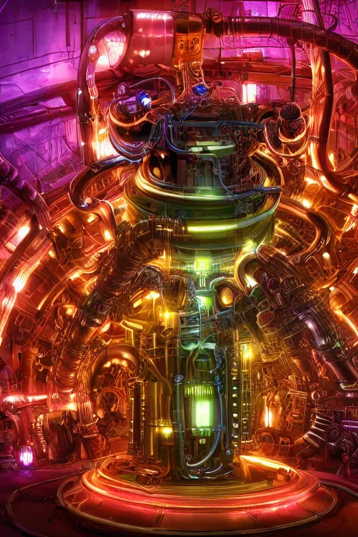 Prompt: portrait of humongous cyberpunk octopus, symmetric, body full glowing vacuum tubes, realistic digital art, 3 d render of futuristic steampunk generators inside a huge steampunk engine, 8 k, fluorescent colors, halluzinogenic, multicolored, exaggerated detailed, unreal engine