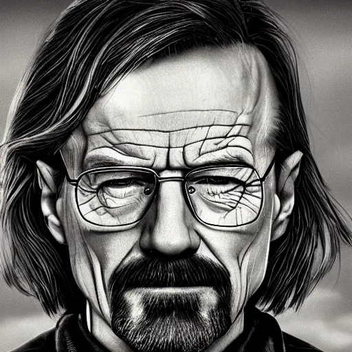 Prompt: a detailed portrait of walter white with long hair, art illustration, incredibly highly detailed and realistic, 8 k, sharp focus