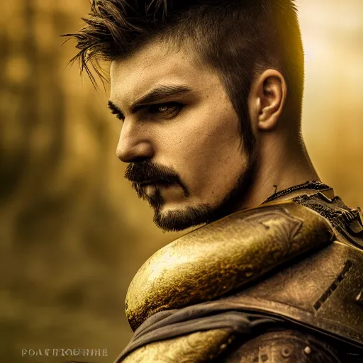 Image similar to portrait of a male warrior with half face,fantasy, D&D, HDR, natural light, dynamic pose, award winning photograph, 8k, Mucha style,