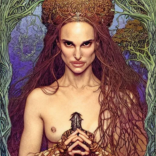 Image similar to a realistic and very beautiful and atmospheric portrait of natalie portman as a druidic wizard looking at the camera with an intelligent but seductive gaze by rebecca guay, michael kaluta, charles vess and jean moebius giraud
