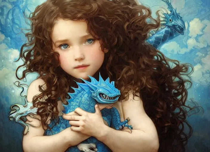 Prompt: a cute little girl with curly brown hair and blue eyes holding a blue baby dragon, beautiful fantasy art by artgerm and greg rutkowski and alphonse mucha.