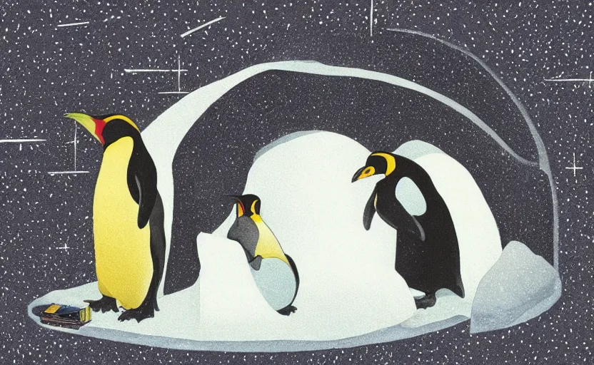 Image similar to childrens book illustration of an emperor penguin sitting down and reading a book inside an igloo