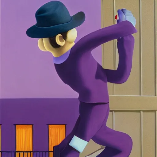 Image similar to Waluigi robbing a bank by Raphael, Hopper, and Rene Magritte. detailed, romantic, enchanting, trending on artstation.