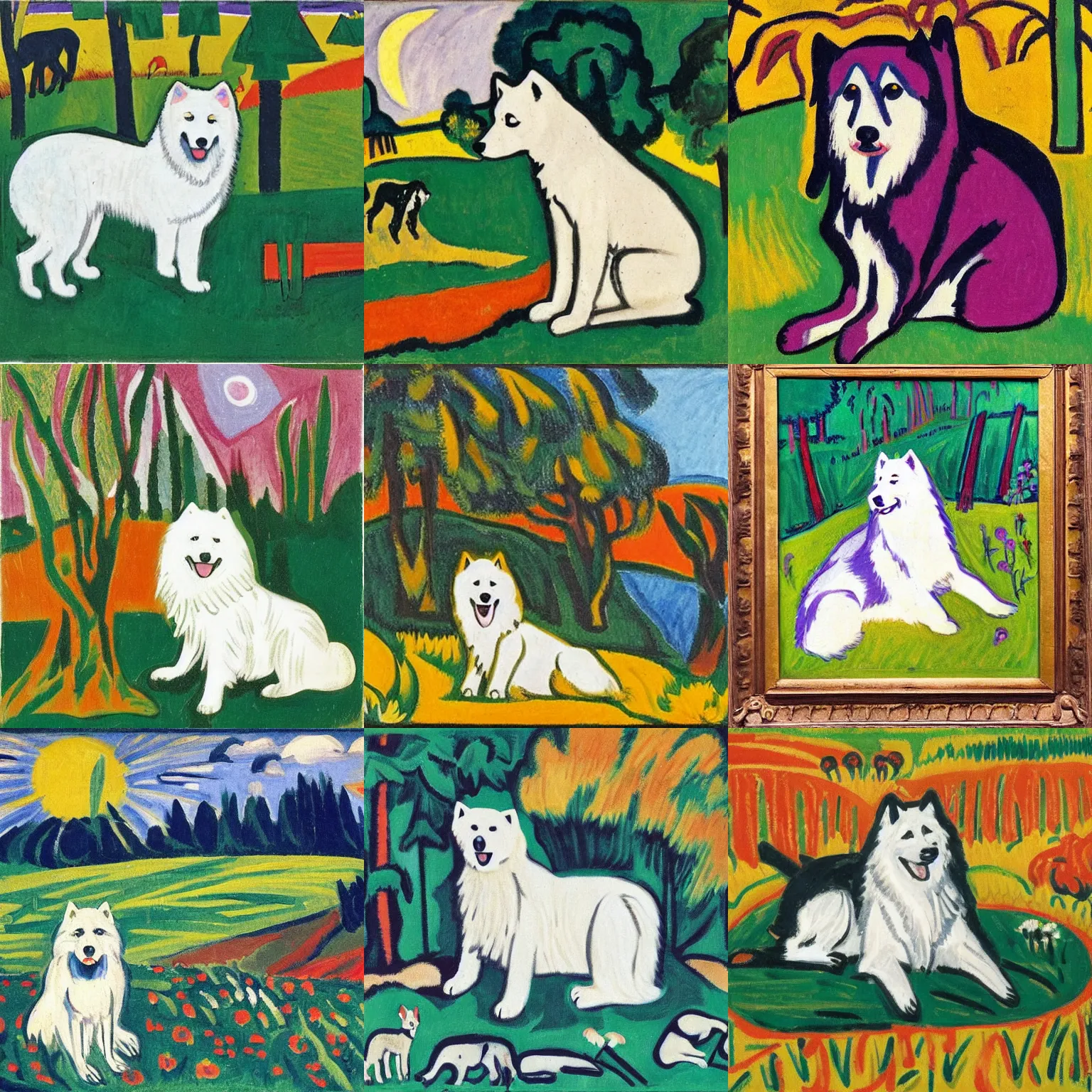 Prompt: a samoyed dog sitting in the middle of sunny meadow, by ernst ludwig kirchner