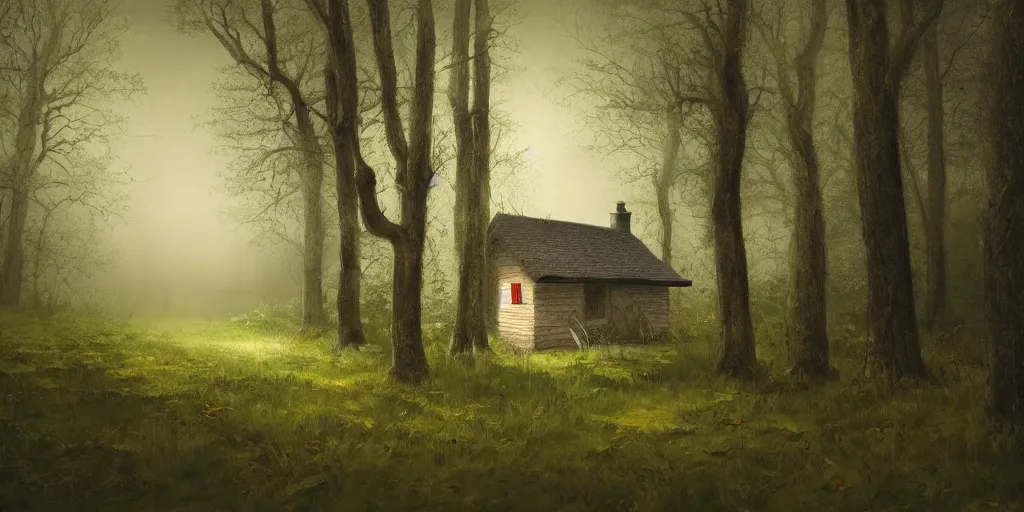 Image similar to a painting of a close up of a single cottage in the woods and empty woods, 8k, fantasy, hyper realistic, atmospheric lighting, cinematic