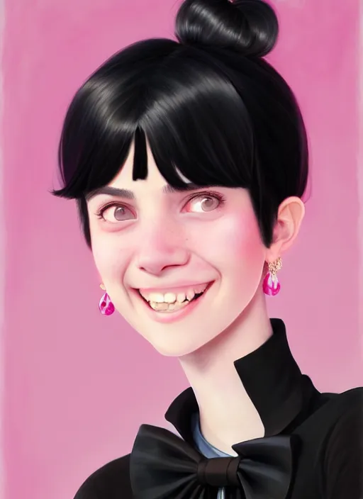 Image similar to portrait of high school girl, realistic, black hair, bangs, half updo hairstyle, pointy nose, skinny, smile, ugly, defined jawline, big chin, pink hair bow, earrings, intricate, elegant, glowing lights, highly detailed, digital painting, artstation, sharp focus, illustration, art by wlop, mars ravelo and greg rutkowski