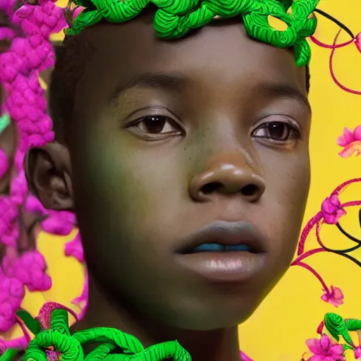 Image similar to colourful vfx art - portrait of nigerian boy wrapped in flowers & vines, art by hsiao - ron cheng & james jean - presented as magazine collage style, volumetric light, colourful, sharp, detailed, digital painting, illustration, illustration, magazine collage, highly detailed, intricate detail, unreal engine, octae render, pinterest, behance, art station,