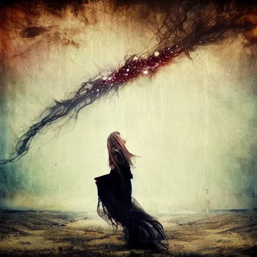 Image similar to phantom grip, the edge of the universe (on film), by Brooke Shaden and Sandra Chevrier