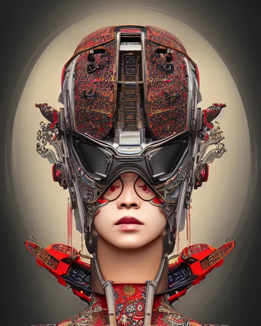 Image similar to portrait of a cyberpunk machine, machine face, upper half portrait, decorated with chinese opera motifs, asian, fine china, traditional chinese art, intricate, elegant, highly detailed, symmetry, headpiece, digital painting, artstation, concept art, smooth, sharp focus, illustration, art by artgerm and greg rutkowski and alphonse mucha, 8 k