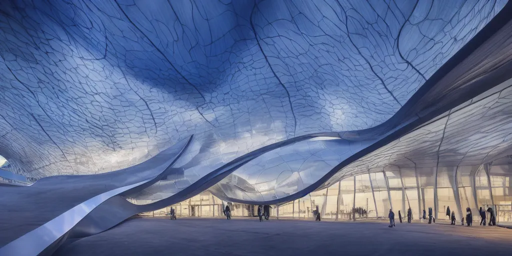 Image similar to extremely detailed awe stunning beautiful futuristic smooth curvilinear museum exterior, translucent gills, zaha hadid, stunning volumetric light, stainless steel, concrete, translucent material, beautiful sunset, hyper real, 8k, colorful, 3D cinematic volumetric light, atmospheric light