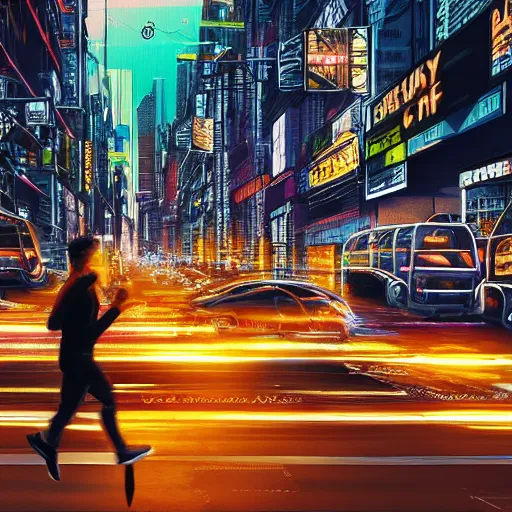 Image similar to people running away scared from cryptocurrency city, bitcoin evil, cyberpunk art ultrarealistic 8k