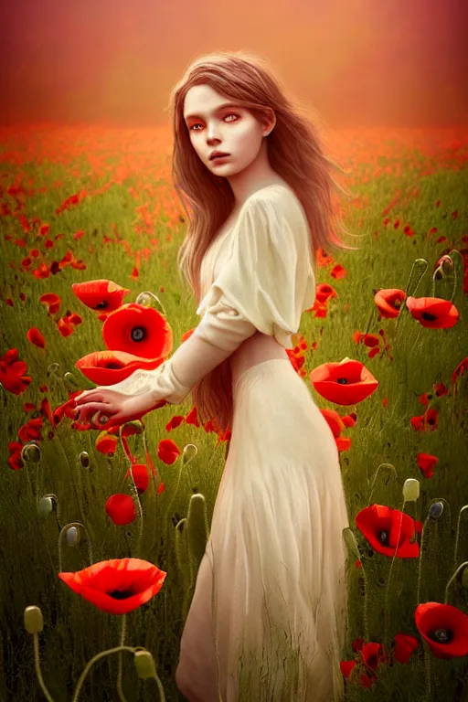 Image similar to epic Beautiful art portrait of a light elemental angel girl in a poppy' field , atmospheric lighting, intricate detail, cgsociety, hyperrealistic, octane render, RPG portrait, ambient light, dynamic lighting