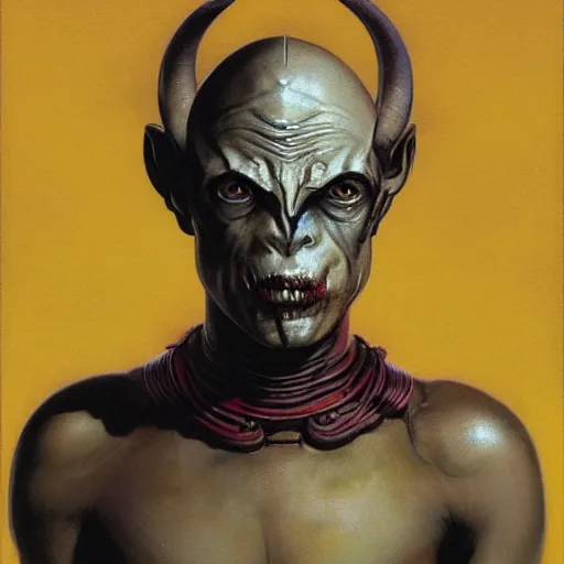 Image similar to ( ( ( head and shoulders portrait of a gaunt noseless yellow - skinned bald githyanki warrior in a breastplate ) ) ), greg rutkowski, frank frazetta, alexandre chaudret, boris vallejo, michael whelan, miro petrov, hr giger, magali villeneuve, donato giancola, d & d, fantasy, medieval