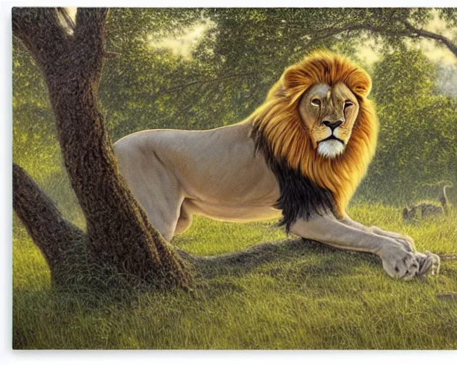 Prompt: a majestic lion under a tree in the morning by Aaron Blaise and Robert Bateman