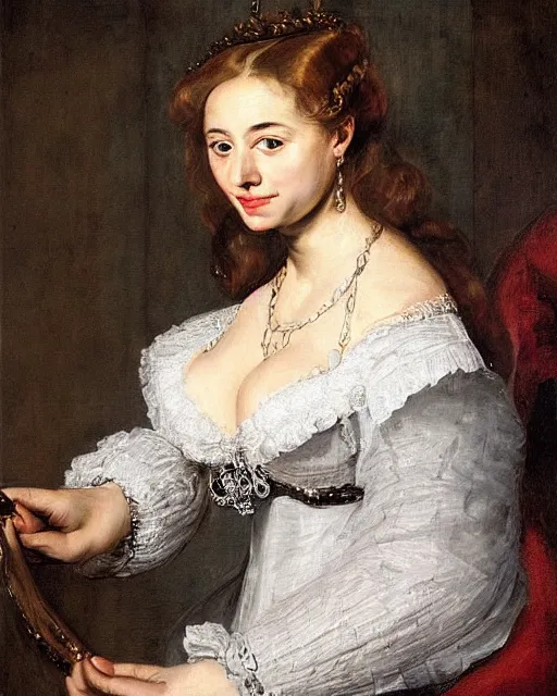 Prompt: portrait pf young beautiful woman by Rubens