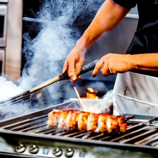 Image similar to photo of a chef cooking a unicorn on a grill