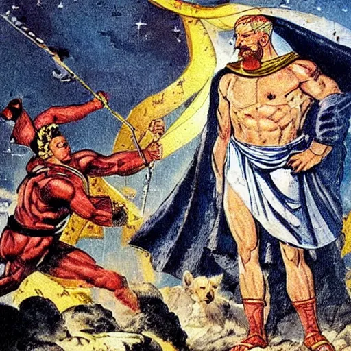 Prompt: a comic book painting of zeus the conquerer