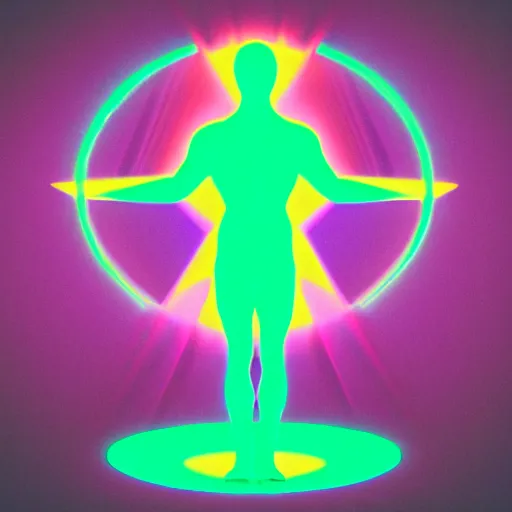 Image similar to vitruvian man, portrait, vaporwave, synthwave, neon, vector graphics, cinematic, volumetric lighting, f 8 aperture, cinematic eastman 5 3 8 4 film