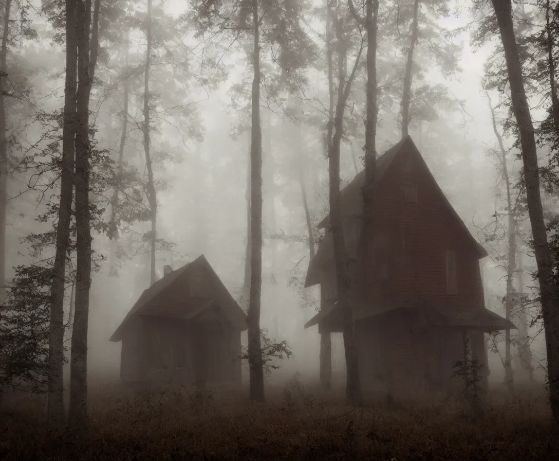 Image similar to a creepy cabin in the middle of a foggy haunted forest, nightmare, horror, haunting, soft tones, red sky, ominous lighting, dark, stormy