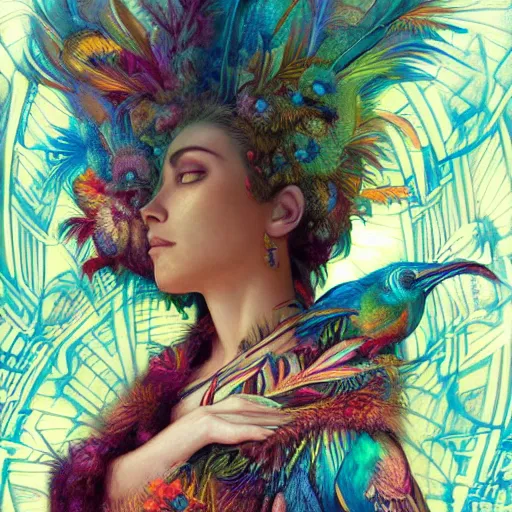 Image similar to A reality bending psychedelic ayahuasca experience, colorful, distorted, surreal, tropical bird feathers, dramatic lighting on the face, intricate, elegant, highly detailed, digital painting, concept art, smooth, sharp focus, illustration, art by Krenz Cushart and Wayne Barlowe and alphonse mucha