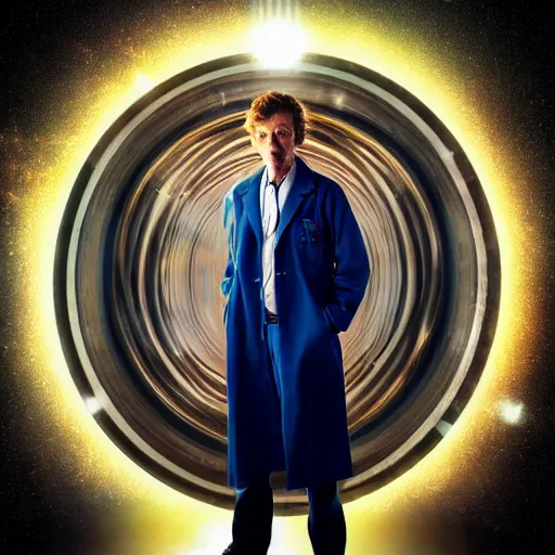 Image similar to a beautiful full body photograph of the doctor, time vortex in the background, detailed face, symmetrical face, extreme realism and detail, 8 k, completely framed, direct lighting, 3 5 mm photo, photorealistic, sharp focus