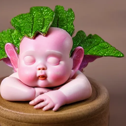 Image similar to fat pink ginseng fairy babies with puffy cheeks and ginseng plant leaves growing on top of their head, in the style of toy story