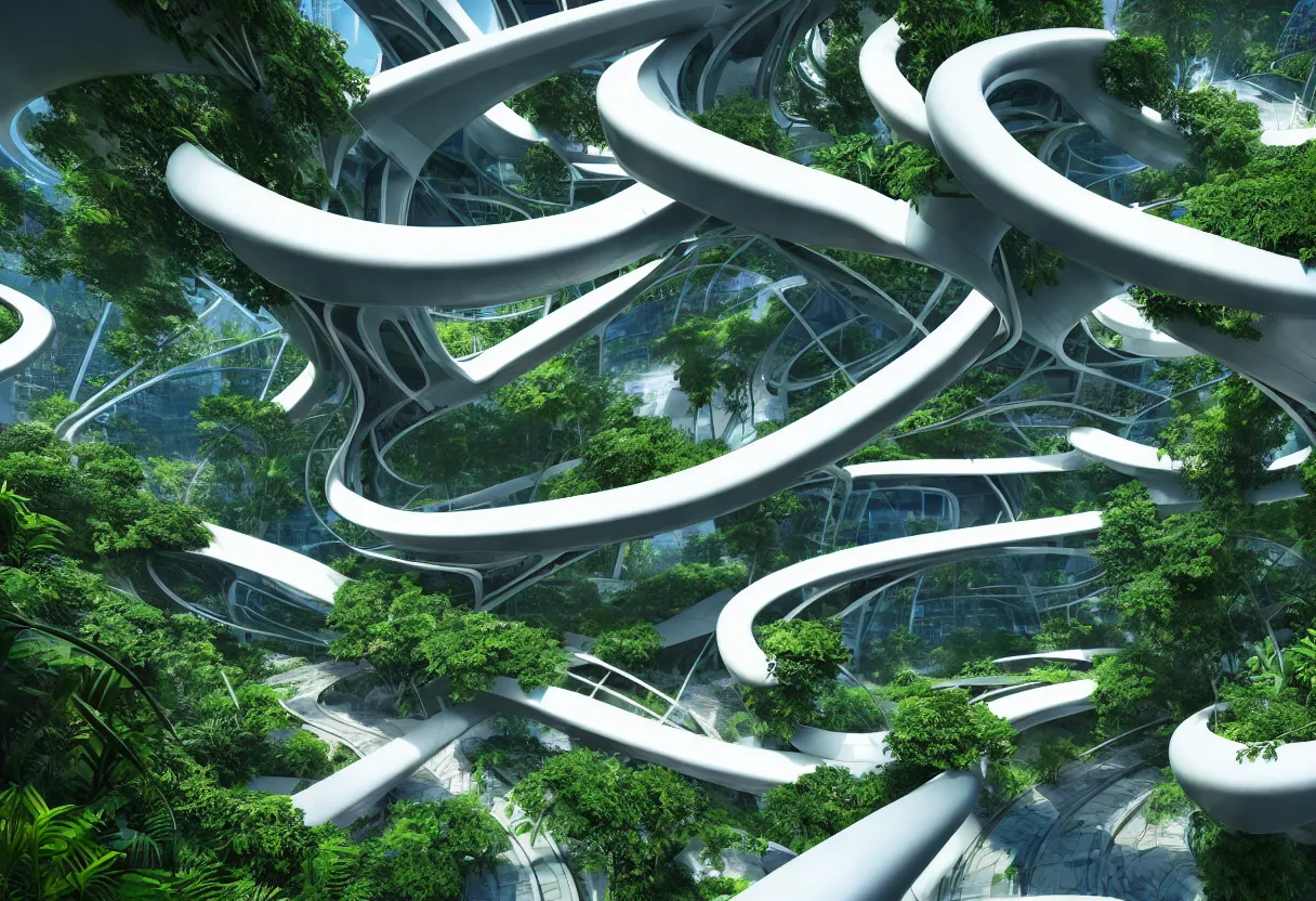 Image similar to futuristic architecture by zaha hadid, multi storey, connecting bridges, covered in lush foliage, surreal, ethereal bohemian garden, middle of gardens, cinematic shot, central square water feature, building inside the water, unreal engine, photorealistic, octane render