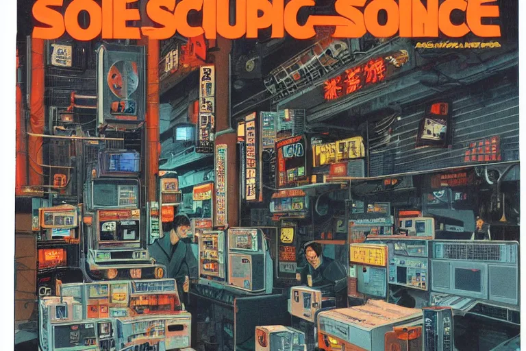 Image similar to 1979 Popular science Magazine Cover of an electronics stall in neo-Tokyo in cyberpunk style by Vincent Di Fate