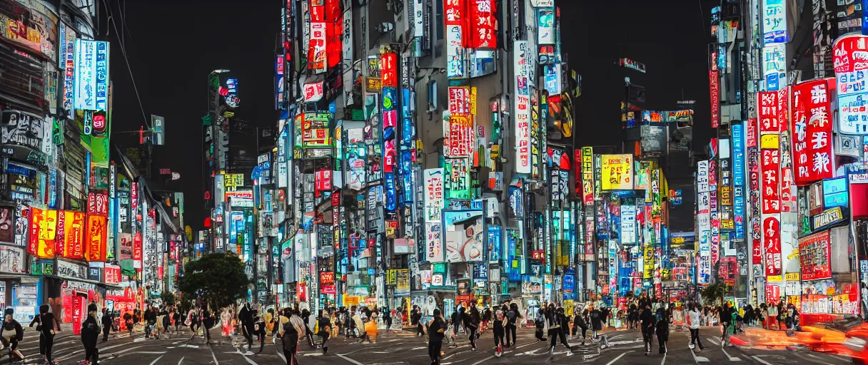 Prompt: people running away rom kaiju in the middle of tokyo at night, crushed building, neon