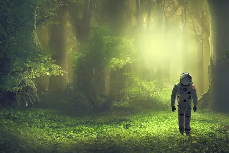 Prompt: An astronaut walking in an enchanted forest. Glowing mushrooms. Cinematic lighting. Photorealism.