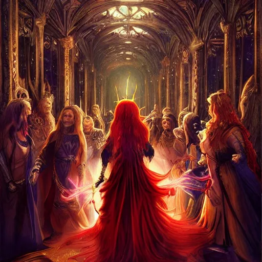 Image similar to Fantastic, fairytale painting, medieval, Beautiful, sorceress, long flowing red hair, intense glowing eyes, light emitting from fingetips, hovering, ornate gown, royalty, surrounded by a crowd of people, onlookers, kingdom, hyperrealistic, dungeons and dragons, painting