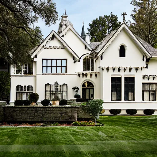 Prompt: stucco tudor with wood and tile white being mansion by mcalpine house, by jackson & leroy architects