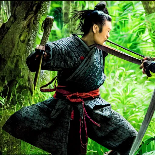 Image similar to samurai 4 7 ronin, in a jungle jeszika le vye heraldo ortega 8 k