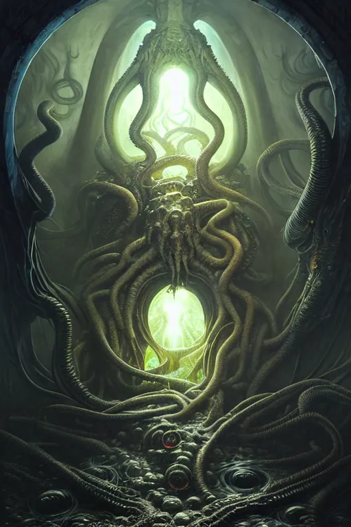 Prompt: cthulhu's portal by anna podedworna, ayami kojima, greg rutkowski, giger, maxim verehin