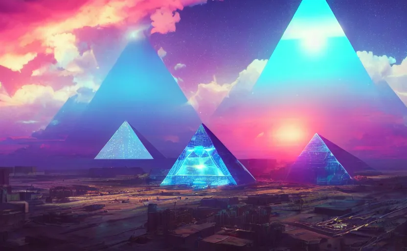 Image similar to A giant Hologram Space pyramid looms over the horizon, rendered by Beeple, by Makoto Shinkai, synthwave style, environment concept, digital art, unreal engine, WLOP, trending on artstation, 4K UHD image,