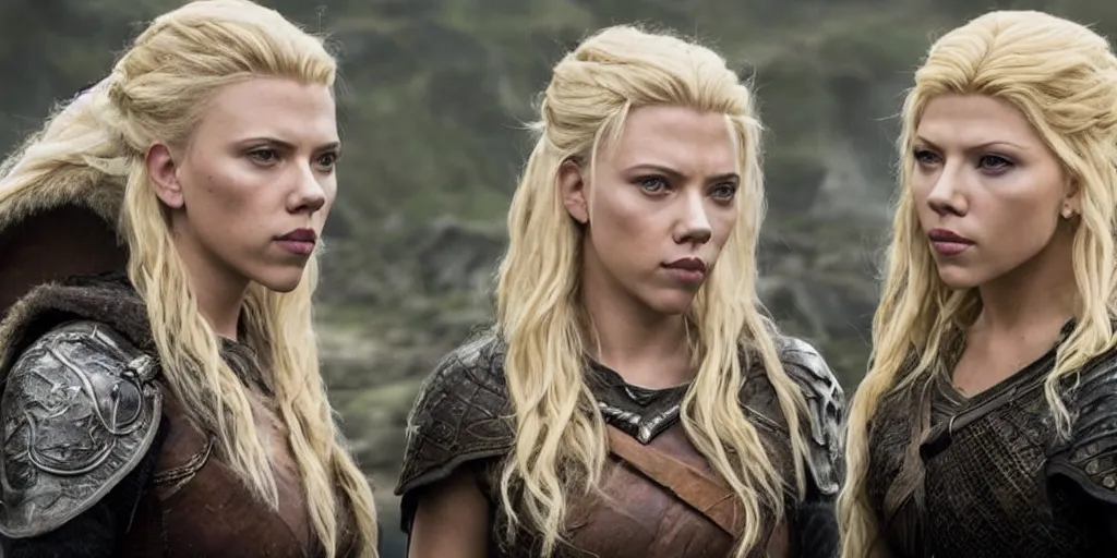 Image similar to Scarlett Johansson and Katheryn Winnick, with a scar and white hair, in the TV series Vikings