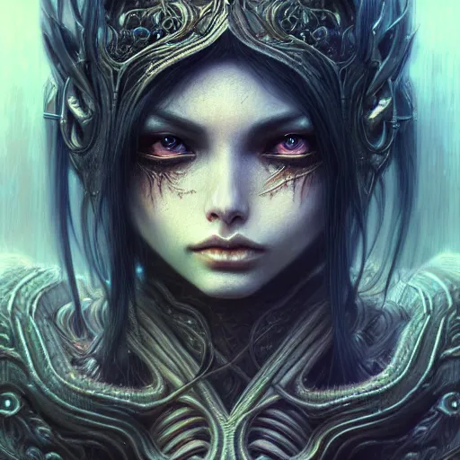 Image similar to a highly detailed long shot photo of chthonic warcraft female character by ayami kojima, beksinski, giger, intricate, digital painting, artstation, intricate, concept art, smooth, sharp focus, illustration