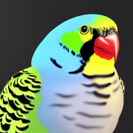 Image similar to an oil painting of a rainbow budgie with black spots, full hd, ue5, ue4, unreal engine 5, artstation