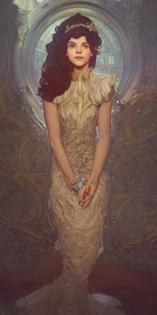 Image similar to mayors daughter, smart, clever, cheeky, elegant fantasy dress, town hall, intricate, highly detailed, digital painting, artstation, concept art, smooth, sharp focus, illustration, Unreal Engine 5, 8K, art by artgerm and greg rutkowski and alphonse mucha, by Jesper Ejsing