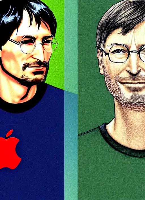 Image similar to steve jobs vs bill gates manga, extremely detailed colors, gorgeous shading, realistic drawing