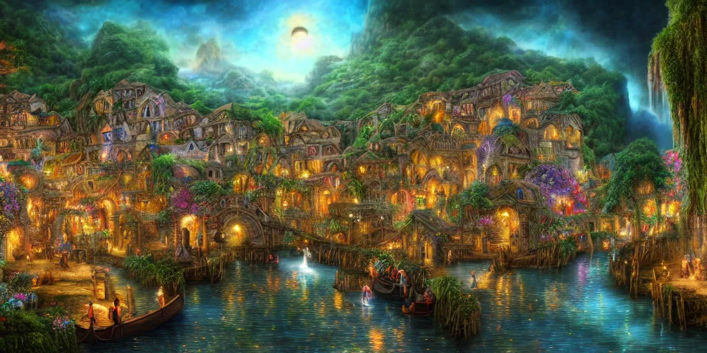 Prompt: canal village in a clockwork eastern waterfall valley, barely lit at night time with great birds and flowerbeds, lush wildlife, ancient ruins, fantasy, precise and incredibly highly detailed intricate 8 k wallpaper, lisa frank, dali, hr giger, krenz cushart, long shot dramatic lighting, crisp vibrant colorful and intricate stunning award winning masterpiece trending on artstation beautiful