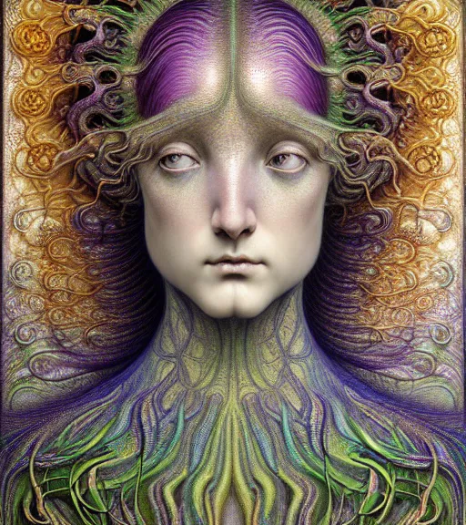 Image similar to detailed realistic beautiful rainbow goddess face portrait by jean delville, gustave dore, iris van herpen and marco mazzoni, art forms of nature by ernst haeckel, art nouveau, symbolist, visionary, gothic, neo - gothic, pre - raphaelite, fractal lace, intricate alien botanicals, biodiversity, surreality, hyperdetailed ultrasharp octane render