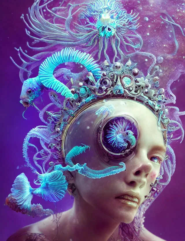 Image similar to goddess macro close - up portrait wigh crown made of ram skull. betta fish, jellyfish phoenix, bioluminiscent, plasma, ice, water, wind, creature, super intricate ornaments artwork by tooth wu and wlop and beeple and greg rutkowski