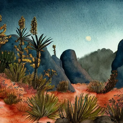 Prompt: stunning lush natural scene on another planet, with weird vegetation, rocks and colour. beautiful light. soft colour scheme. beautiful artistic detailed watercolor by lurid. ( 2 0 2 2 )