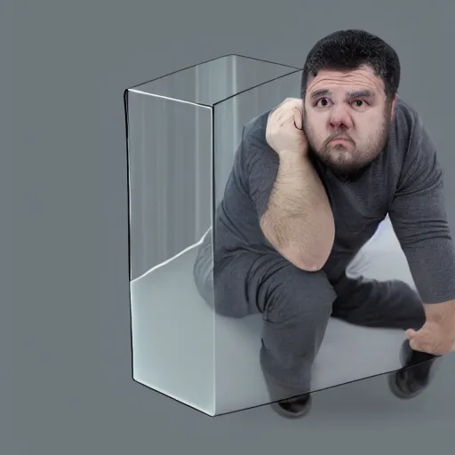 Prompt: man with gigantism, crammed inside of a small glass cube, thick glass, hyper - realistic, extremely detailed, gray background, gray floor, studio setting, dim lighting, soft lighting