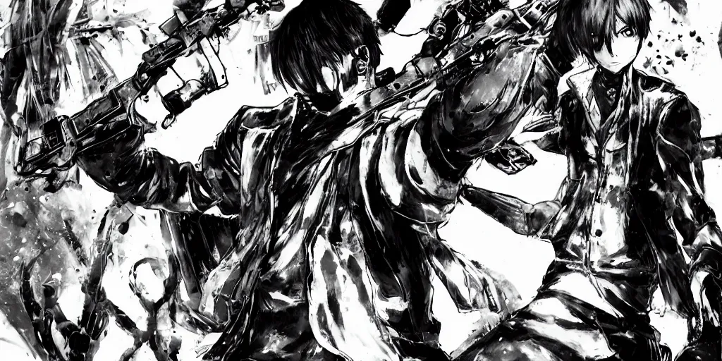 Image similar to a full - body portrait of denji from chainsaw man, in yoji shinkawa's art style, in a graveyard as a background, metal gear solid art style, manga, highly detailed, 4 k, artistic, b & w