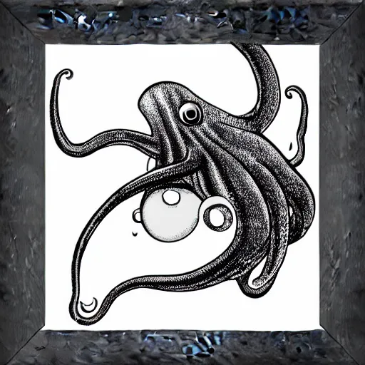 Image similar to very angry squid, 🦑 design in square frame, black and white, mad cuttlefish